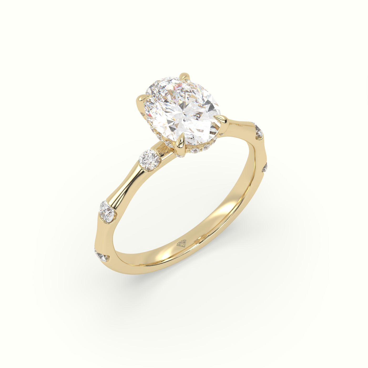 10K Yellow Gold Oval Diamond Side Stone Engagement Ring