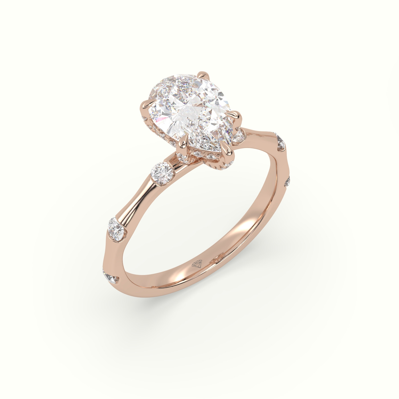 18K Rose Gold Pear Diamond Side Stone Engagement Ring