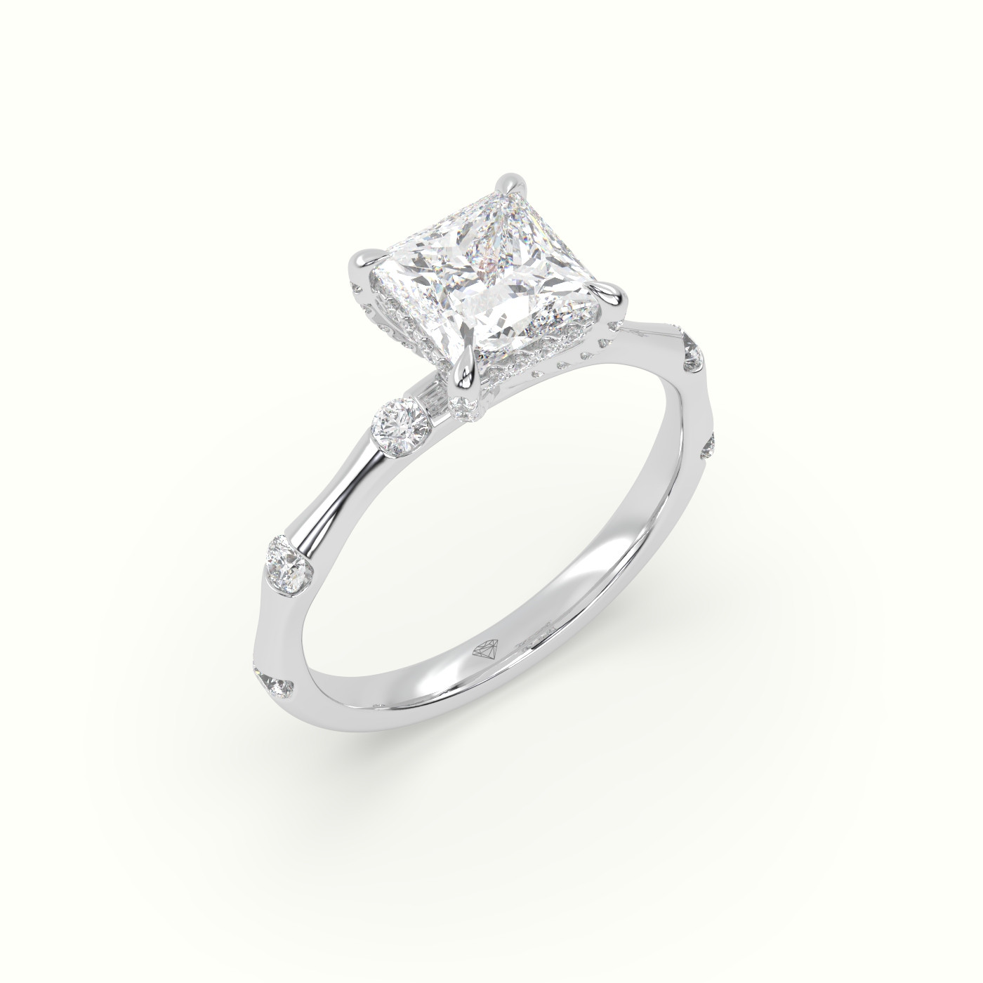 18K White Gold Princess Diamond Side Stone Engagement Ring