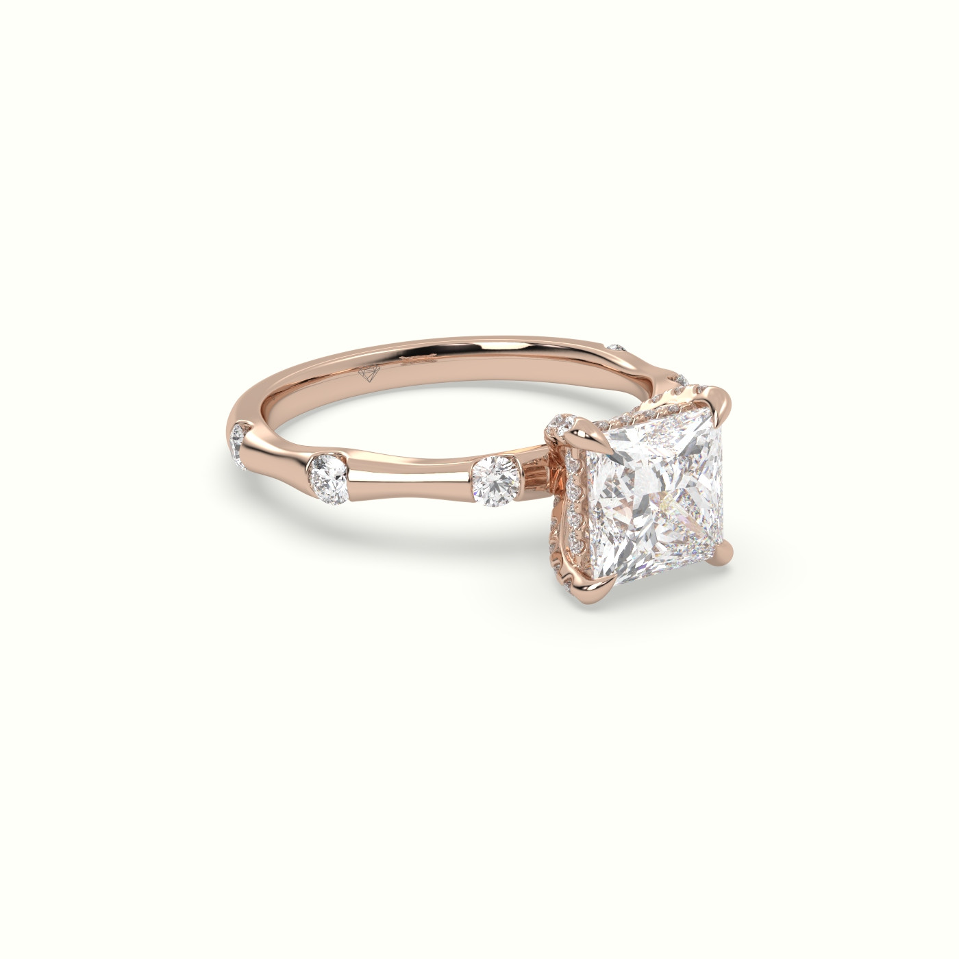 18K Rose Gold Princess Diamond Side Stone Engagement Ring