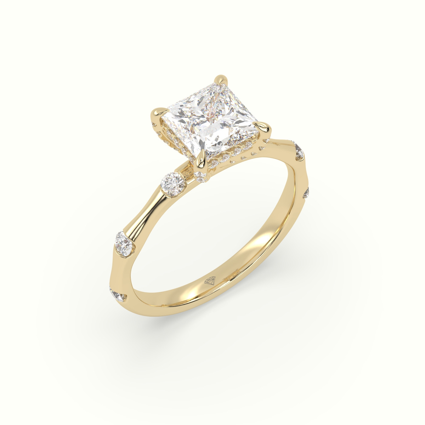 18K Yellow Gold Princess Diamond Side Stone Engagement Ring