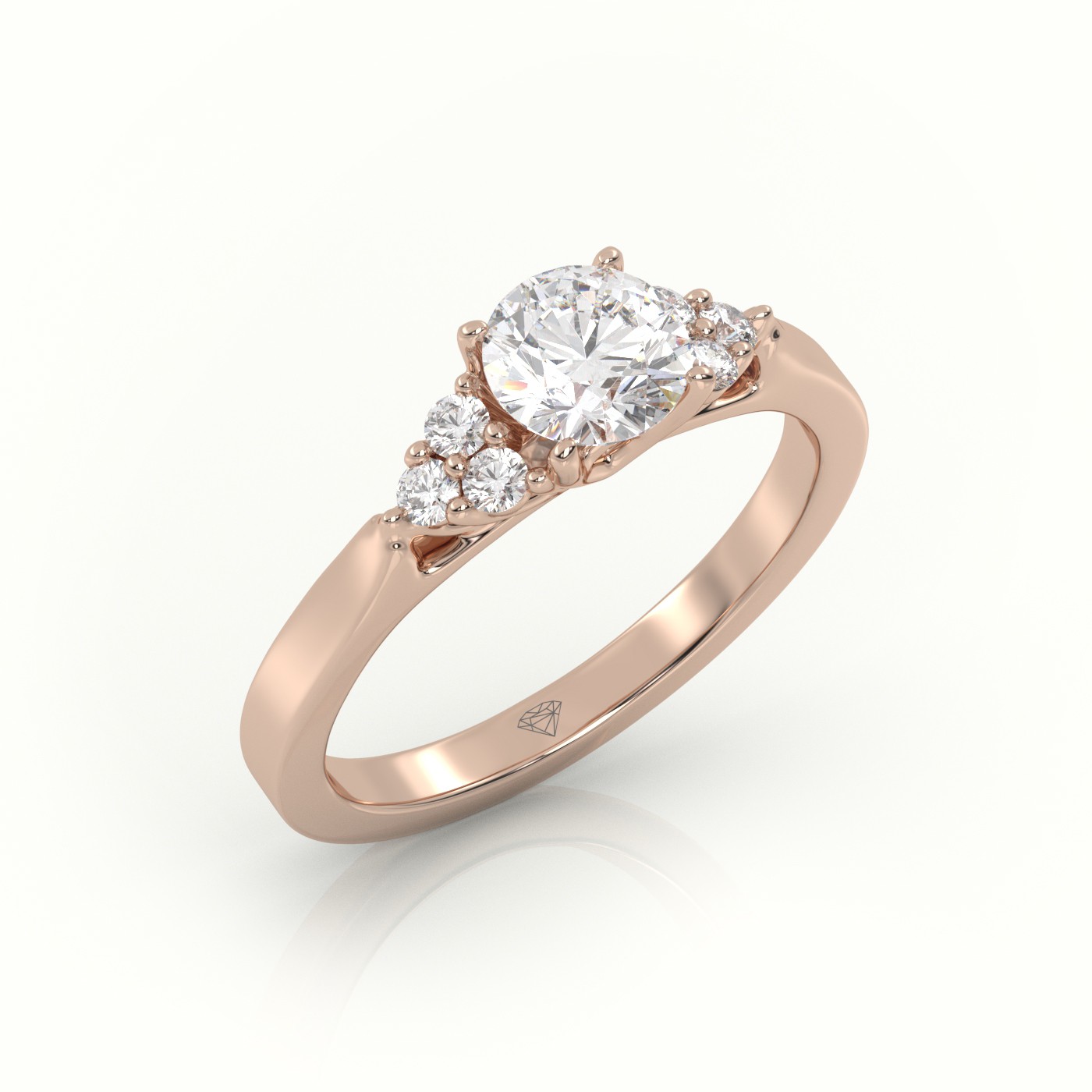 18K ROSE GOLD ROUND CUT DIAMOND 4 PRONGS SIDE STONE SETTING ENGAGEMENT RING
