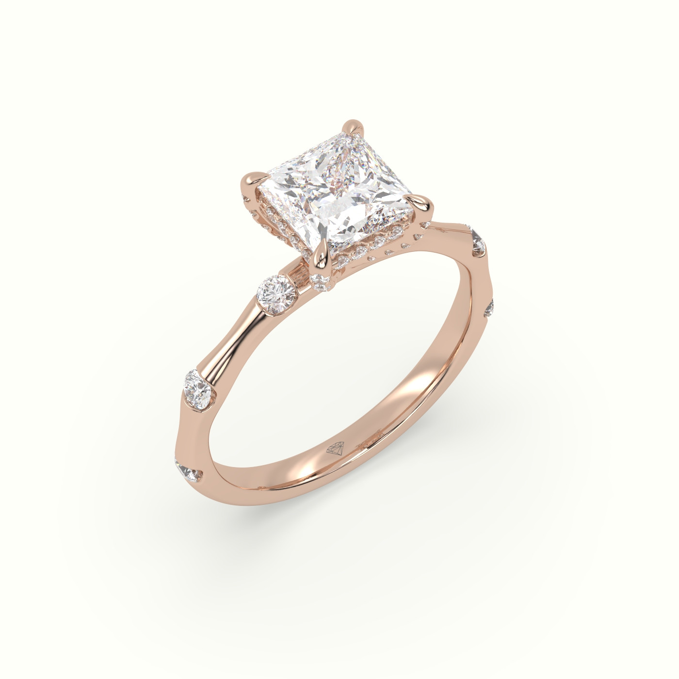 10K Rose Gold Princess Diamond Side Stone Engagement Ring