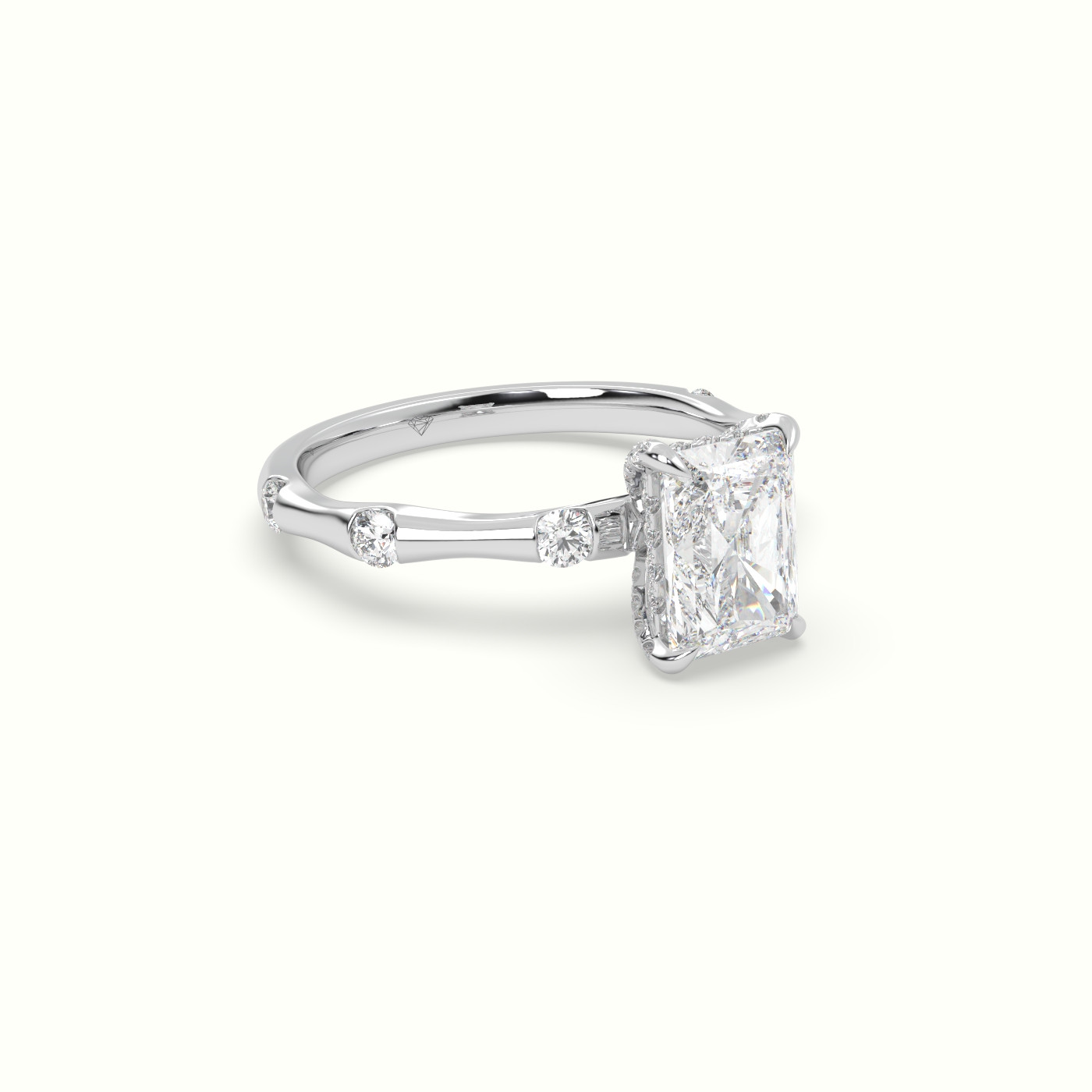 18K White Gold Radiant Diamond Side Stone Engagement Ring