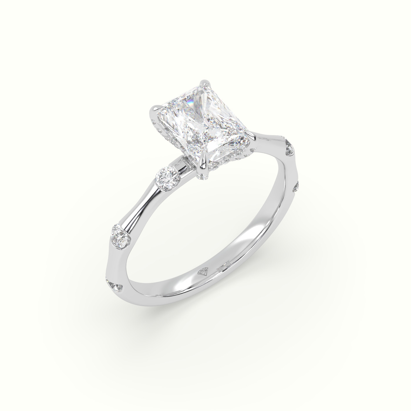 18K White Gold Radiant Diamond Side Stone Engagement Ring