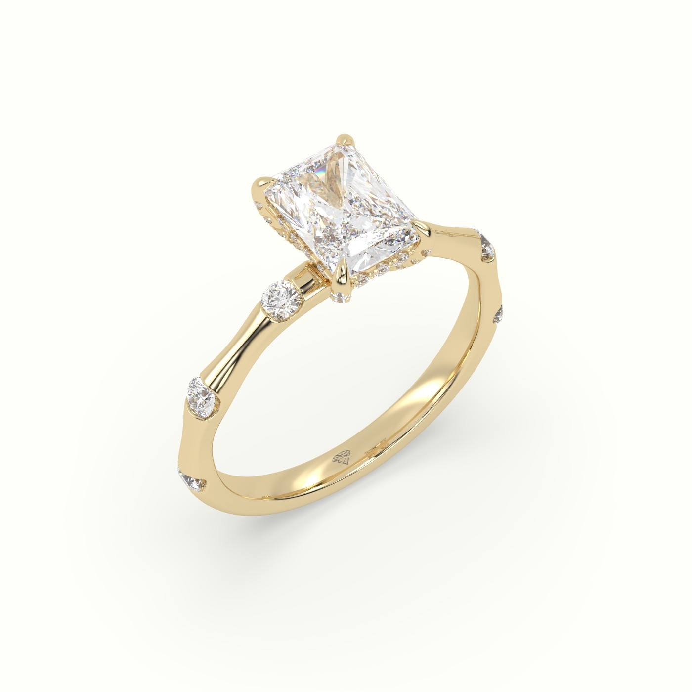 18K Yellow Gold Radiant Diamond Side Stone Engagement Ring