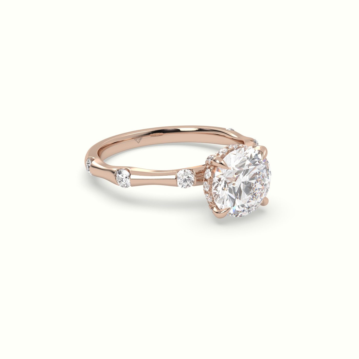 18K Rose Gold Round Diamond Side Stone Engagement Ring