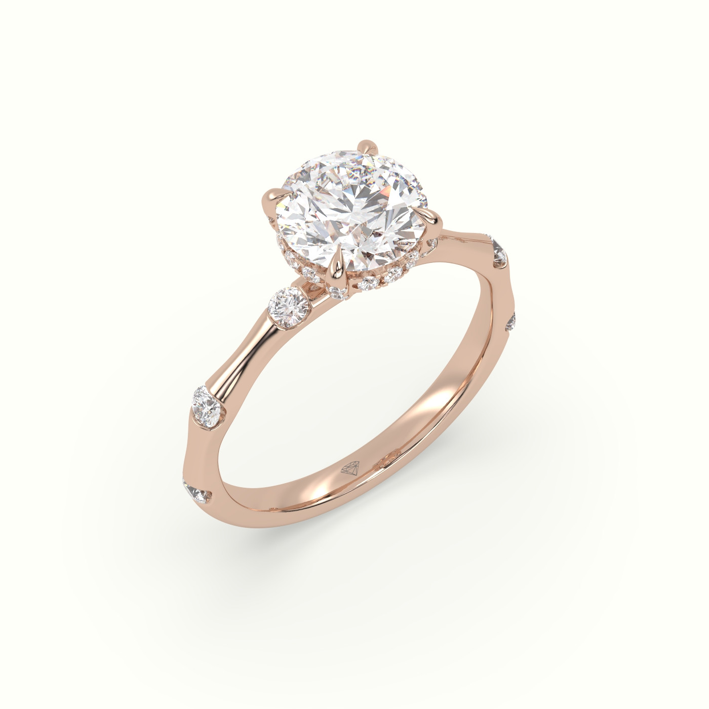 18K Rose Gold Round Diamond Side Stone Engagement Ring