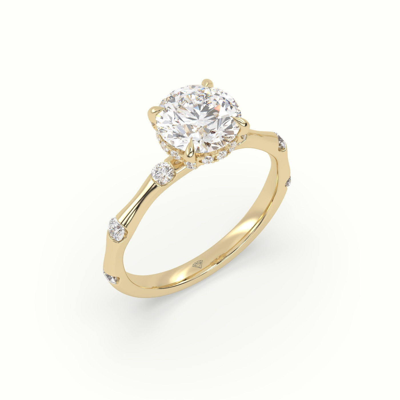 10K Yellow Gold Round Diamond Side Stone Engagement Ring