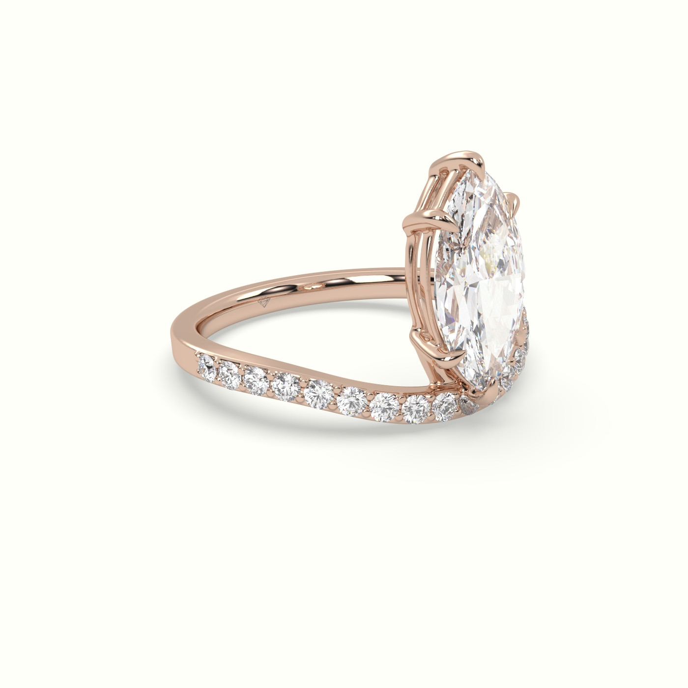 18K Rose Gold Marquise Diamond Solitaire Curved Pavé Engagement Ring