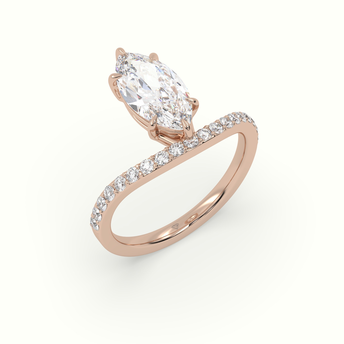 10K Rose Gold Marquise Diamond Solitaire Curved Pavé Engagement Ring