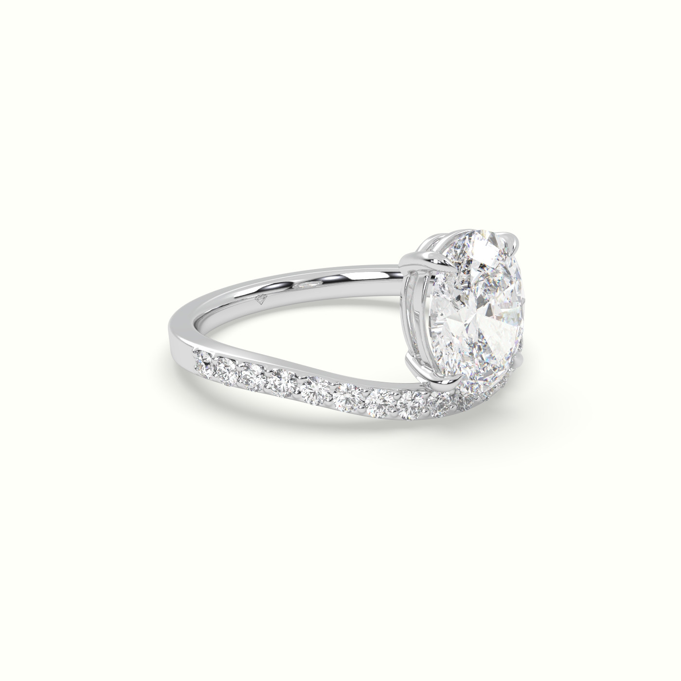 10K White Gold Oval Diamond Solitaire Curved Pavé Engagement Ring