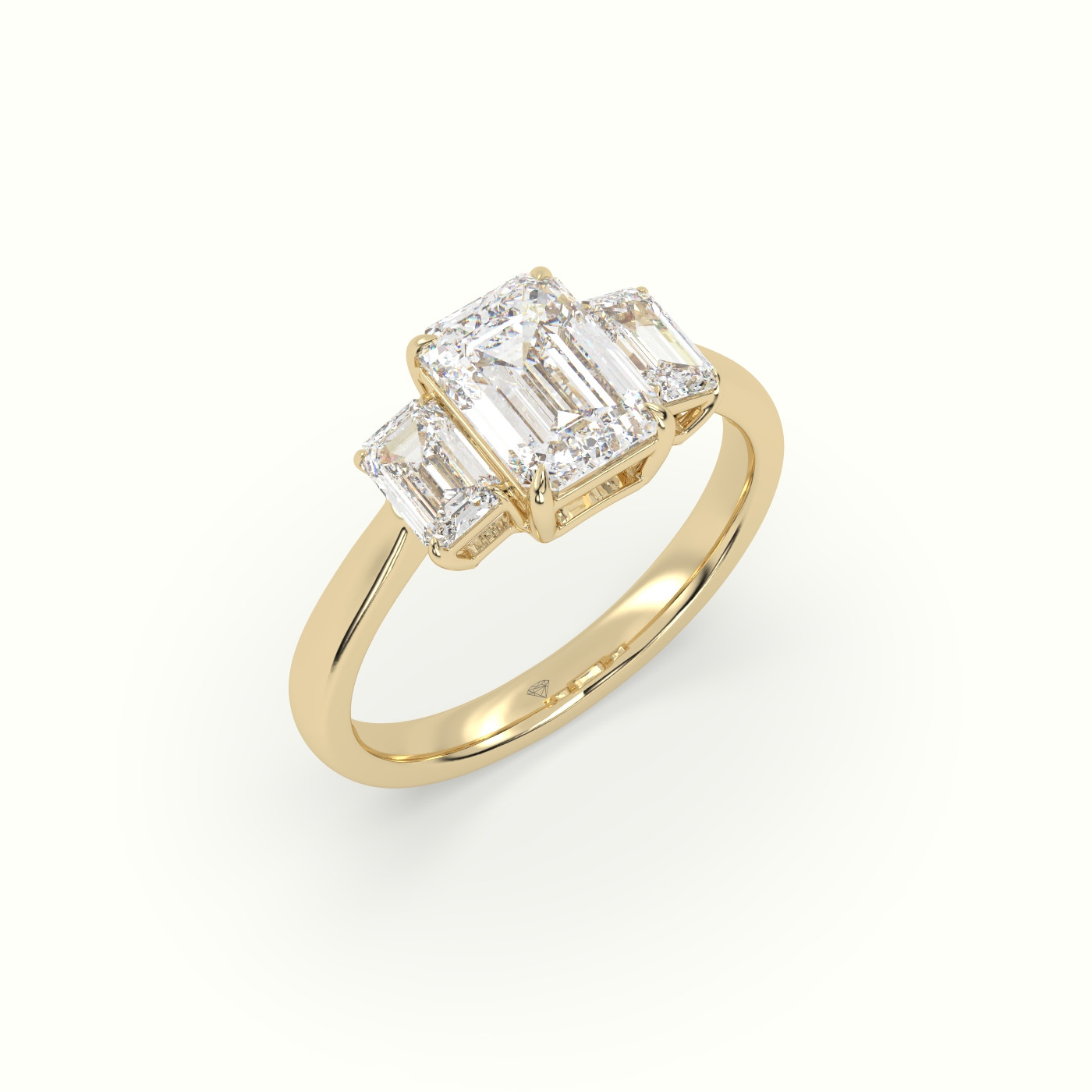 18K Yellow Gold Emerald Diamond Trilogy Engagement Ring