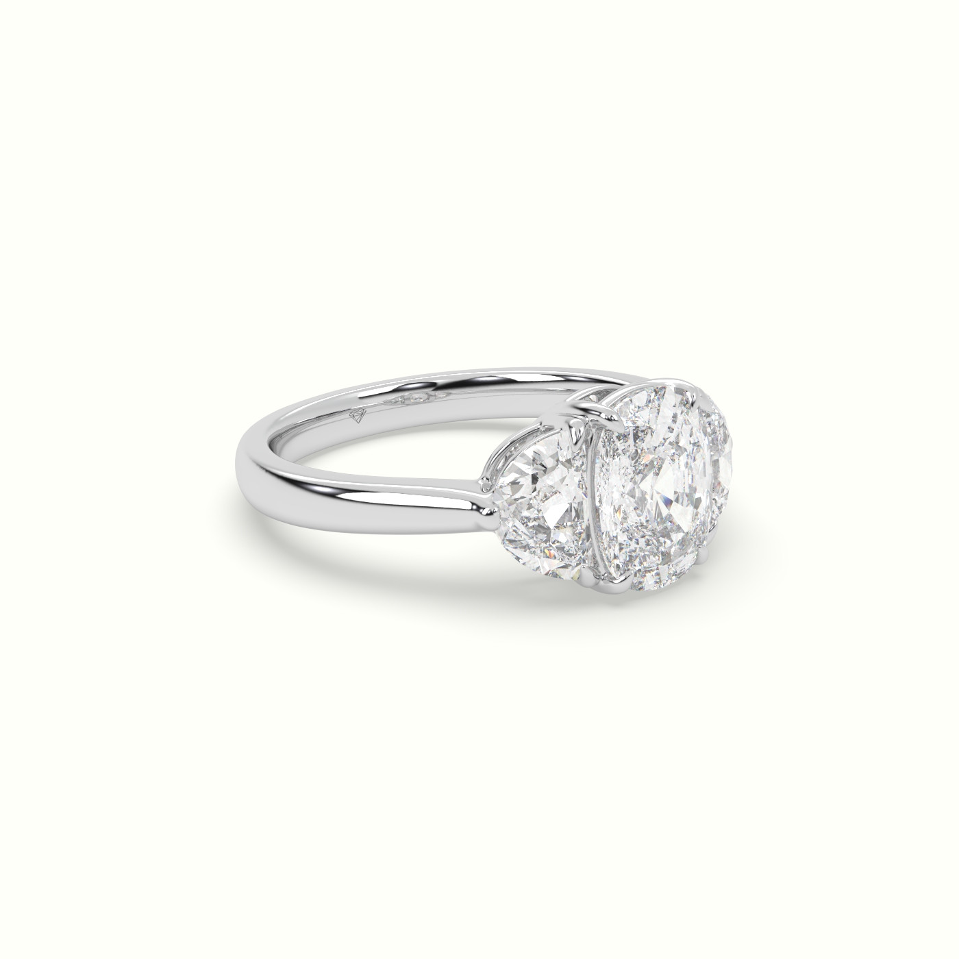 18K White Gold Cushion Diamond Trilogy Half Moon Engagement Ring