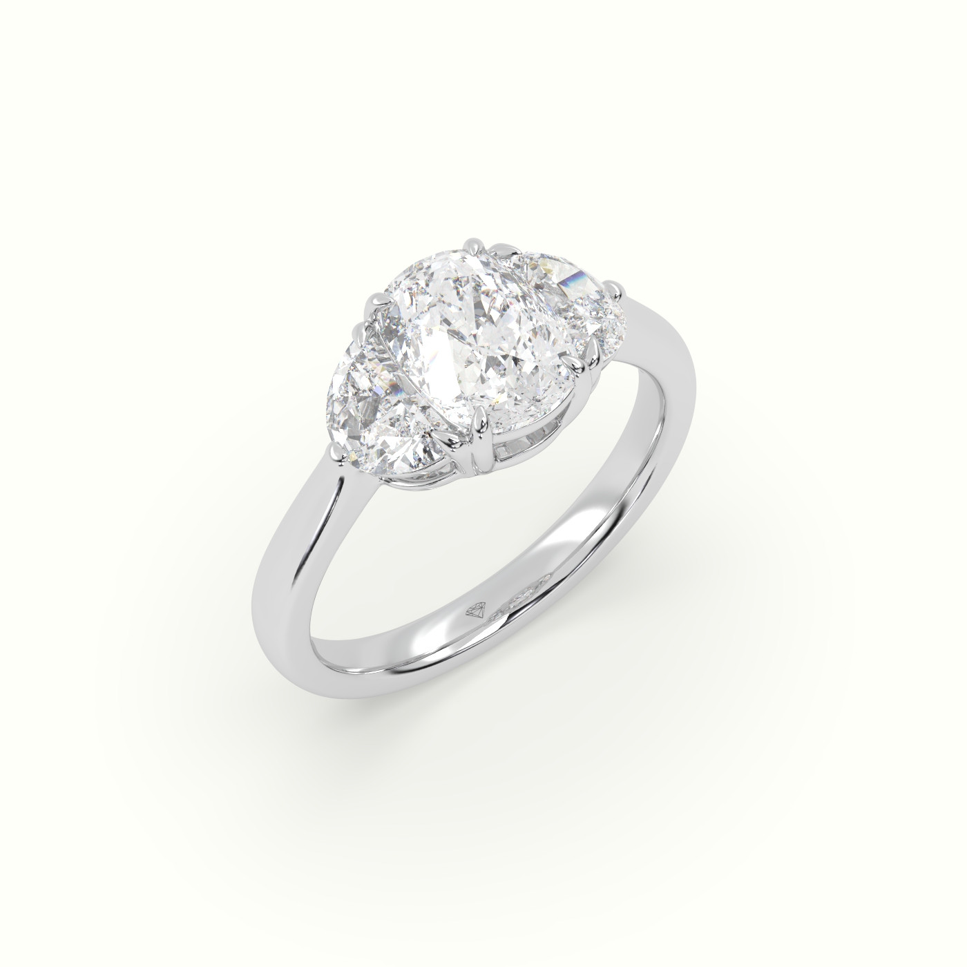 18K White Gold Cushion Diamond Trilogy Half Moon Engagement Ring
