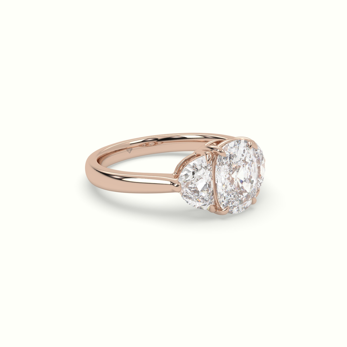 18K Rose Gold Cushion Diamond Trilogy Half Moon Engagement Ring
