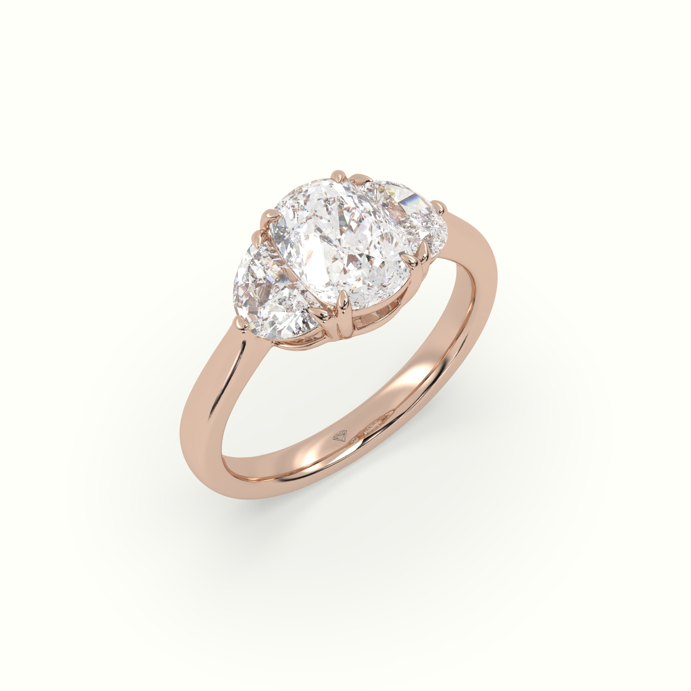 18K Rose Gold Cushion Diamond Trilogy Half Moon Engagement Ring