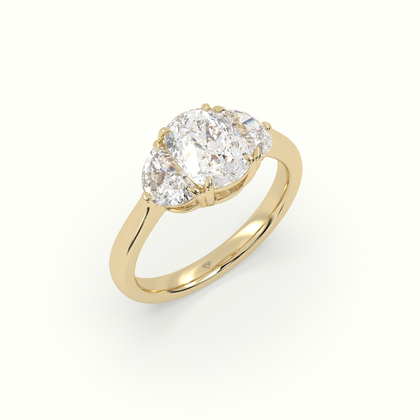 18K Yellow Gold Cushion Diamond Trilogy Half Moon Engagement Ring