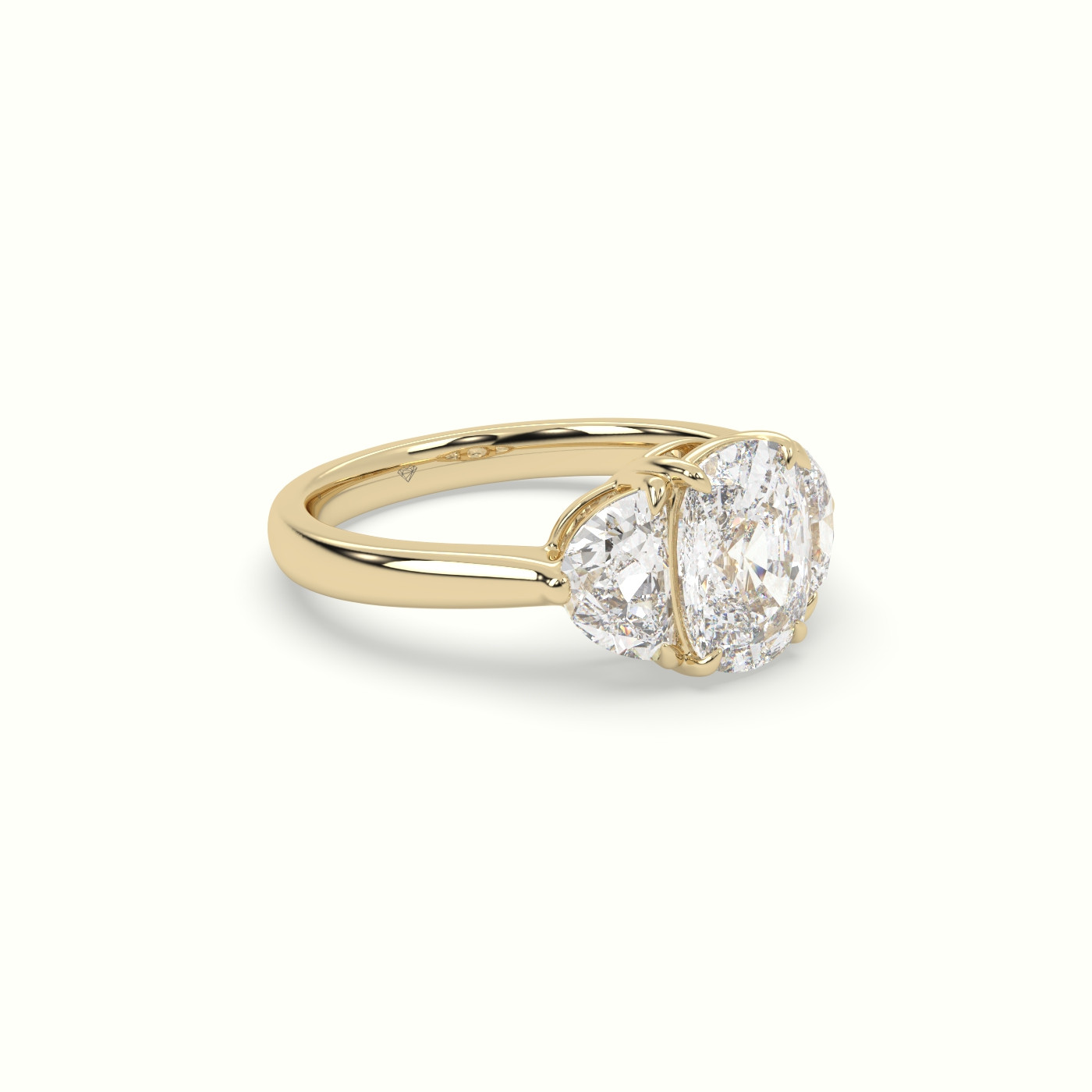 10K Yellow Gold Cushion Diamond Trilogy Half Moon Engagement Ring
