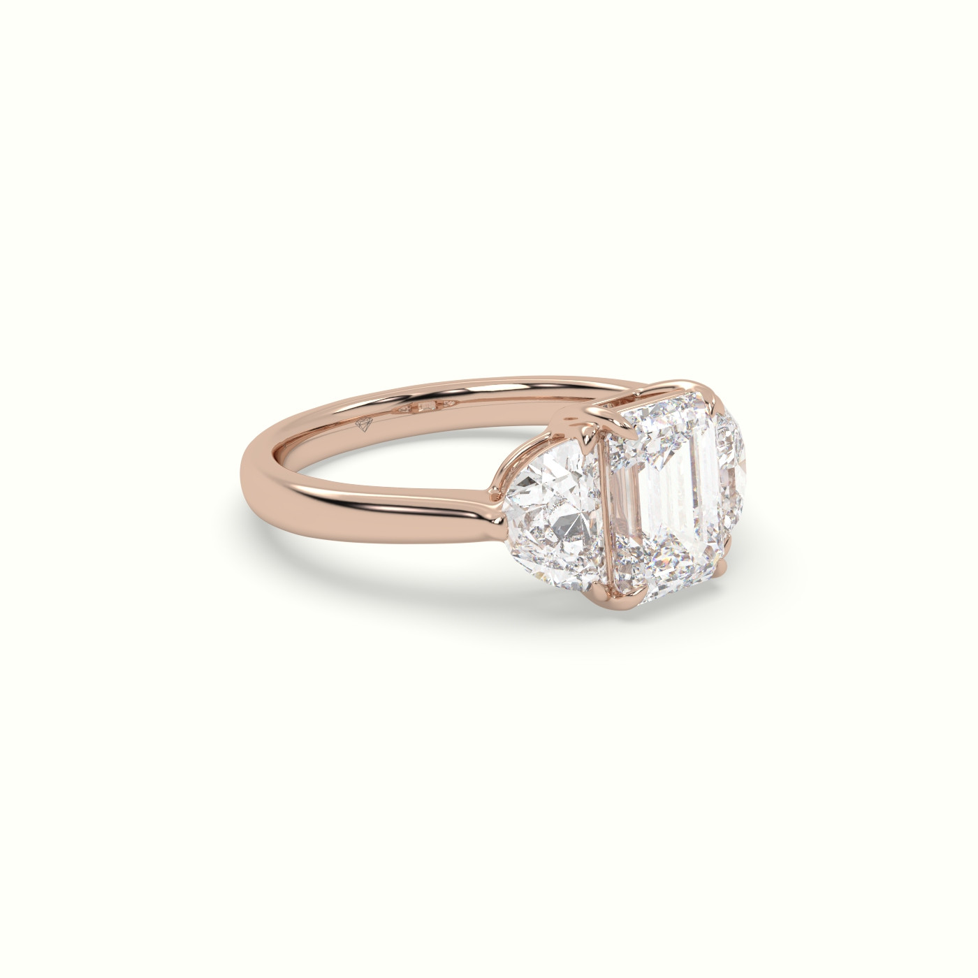 18K Rose Gold Emerald Diamond Trilogy Half Moon Engagement Ring