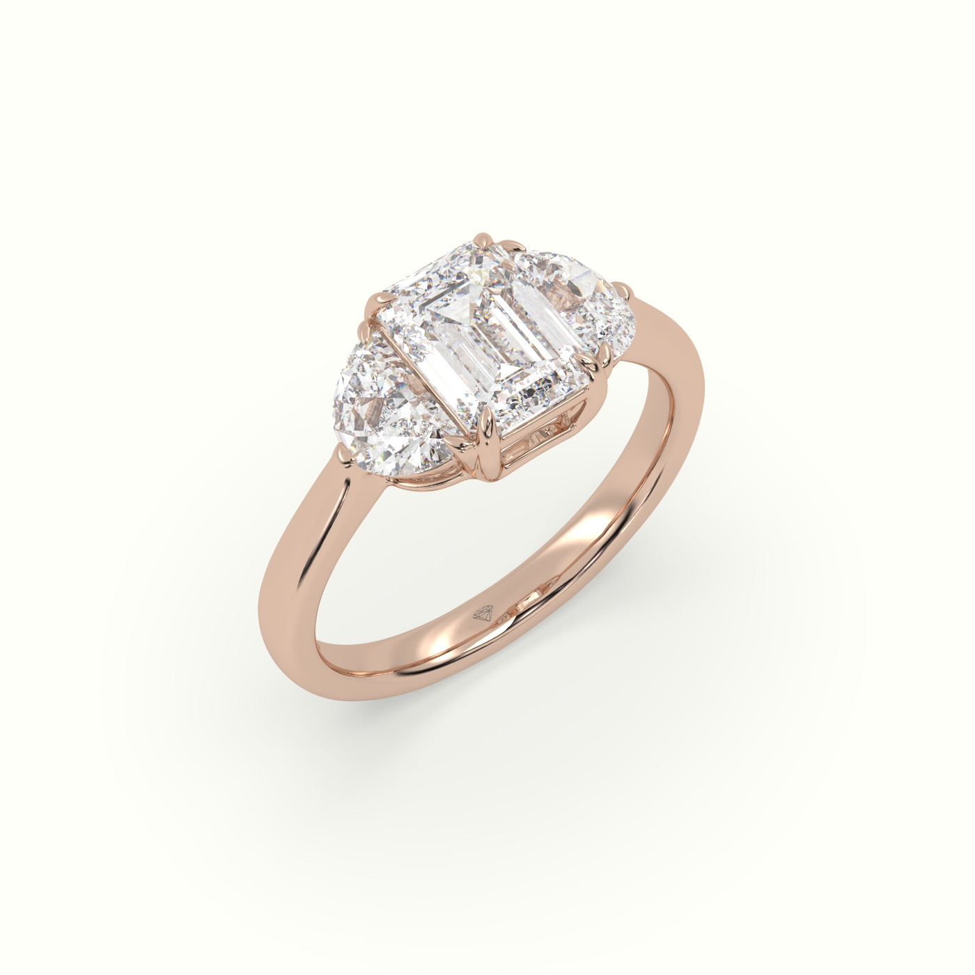 18K Rose Gold Emerald Diamond Trilogy Half Moon Engagement Ring