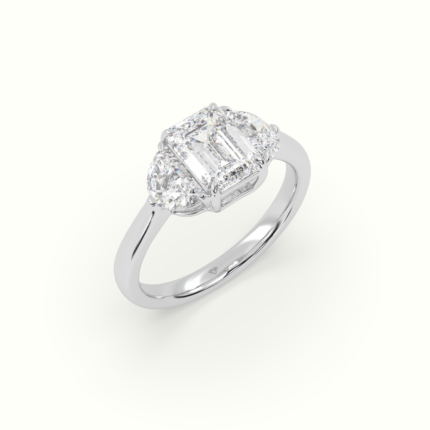 10K White Gold Emerald Diamond Trilogy Half Moon Engagement Ring