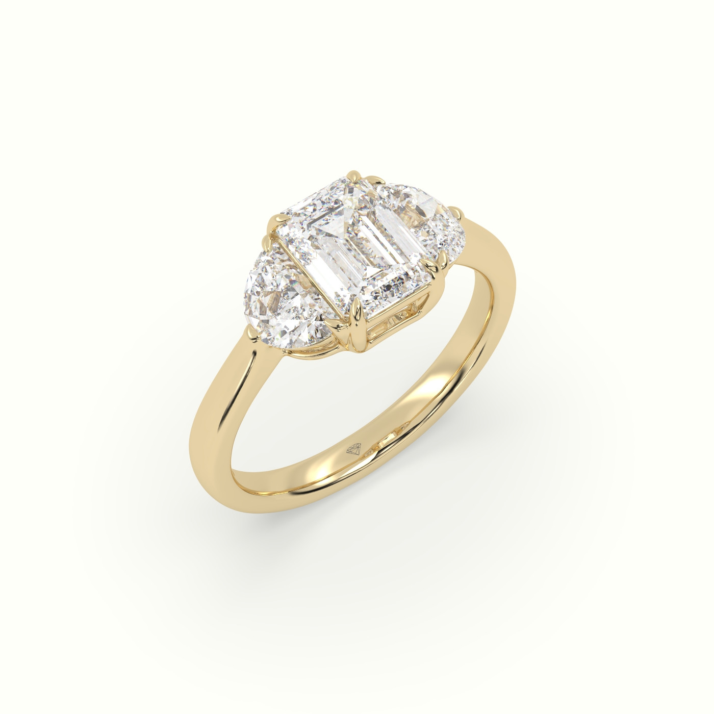 10K Yellow Gold Emerald Diamond Trilogy Half Moon Engagement Ring