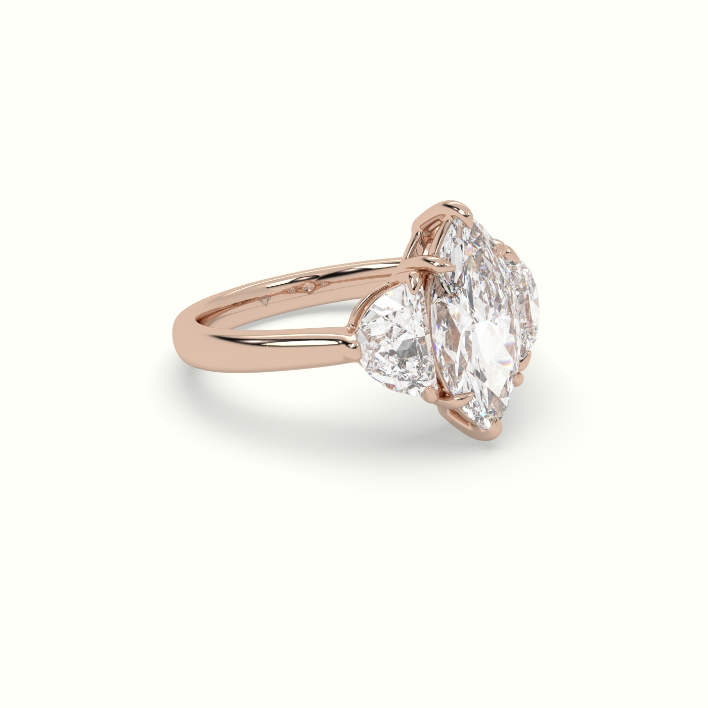 18K Rose Gold Marquise Diamond Trilogy Half Moon Engagement Ring