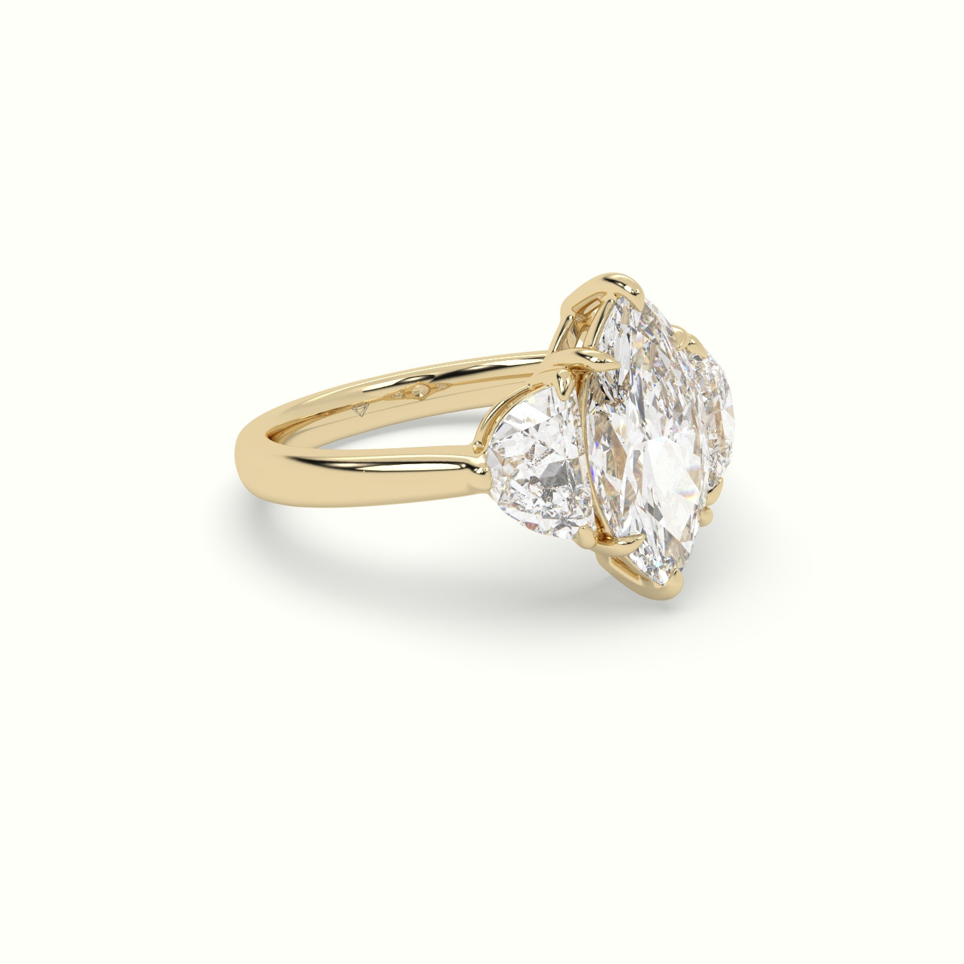 18K Yellow Gold Marquise Diamond Trilogy Half Moon Engagement Ring