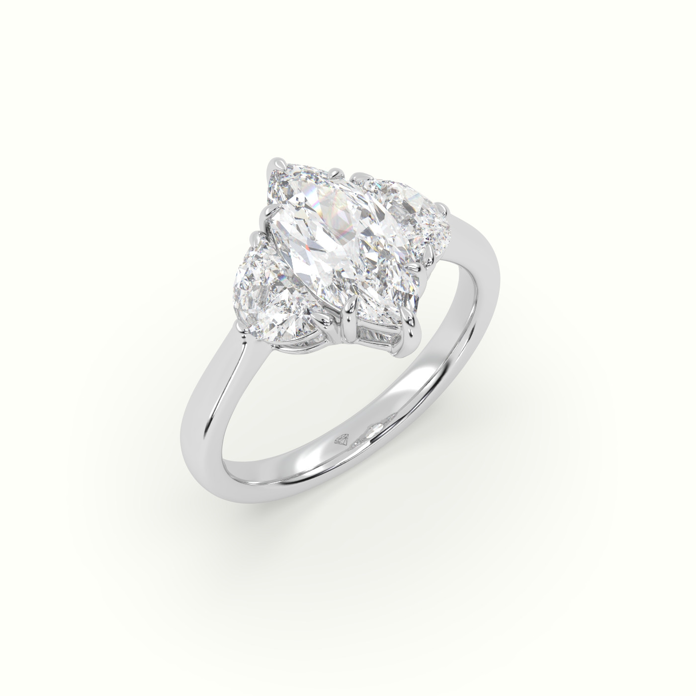 10K White Gold Marquise Diamond Trilogy Half Moon Engagement Ring
