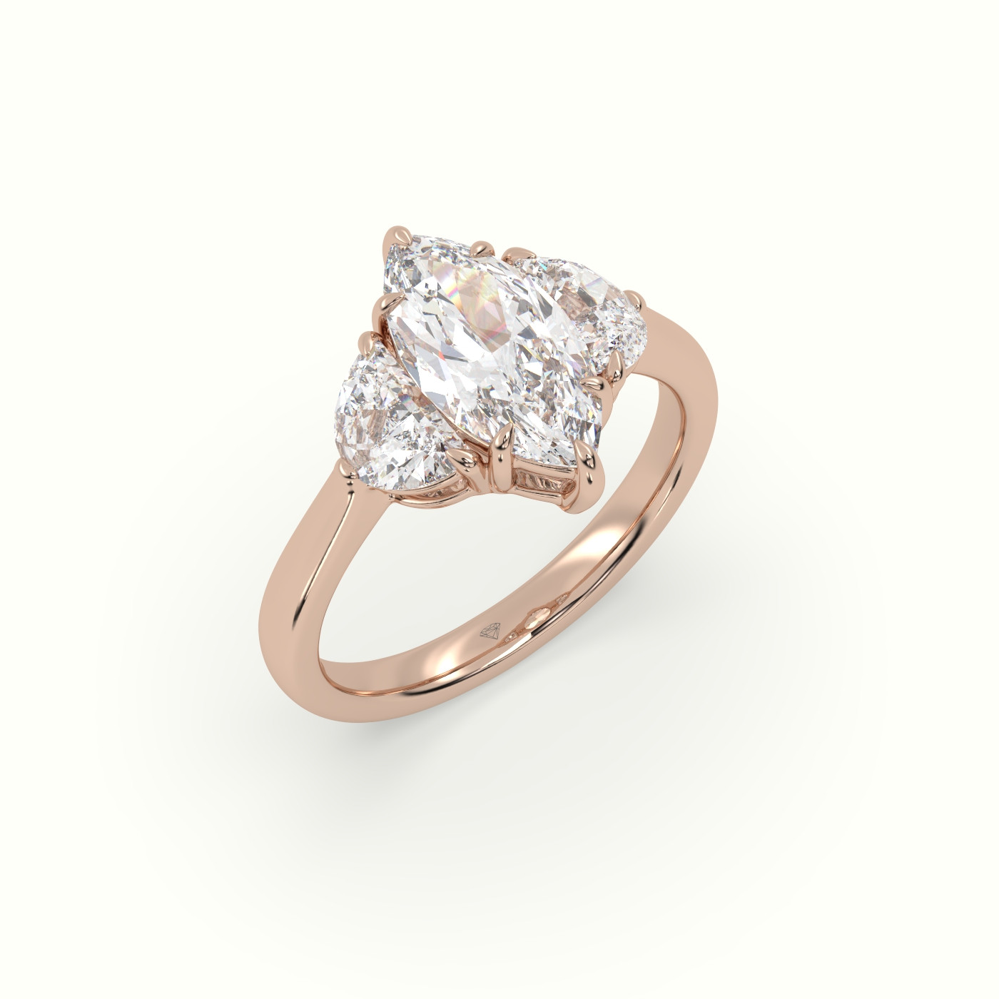 10K Rose Gold Marquise Diamond Trilogy Half Moon Engagement Ring