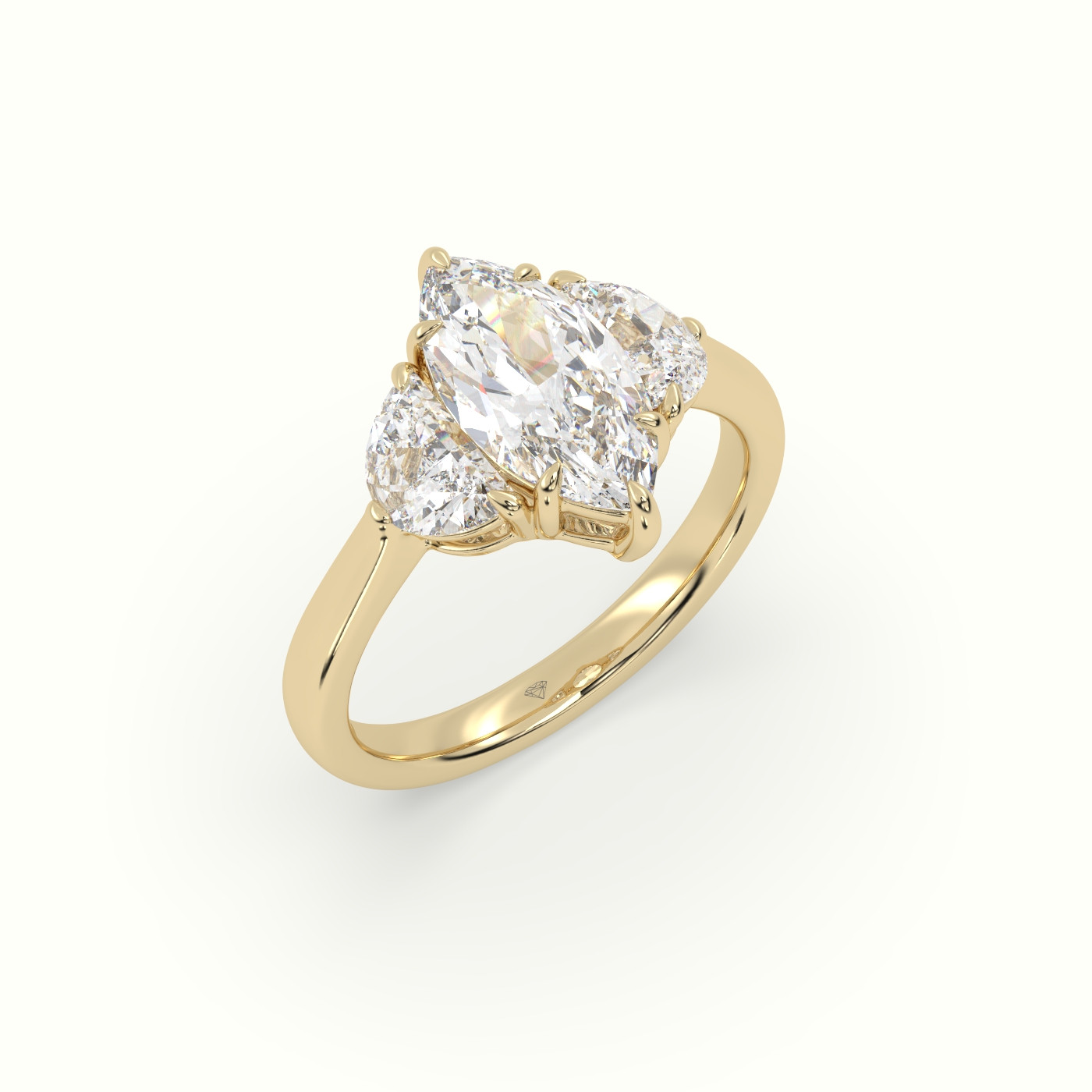 10K Yellow Gold Marquise Diamond Trilogy Half Moon Engagement Ring