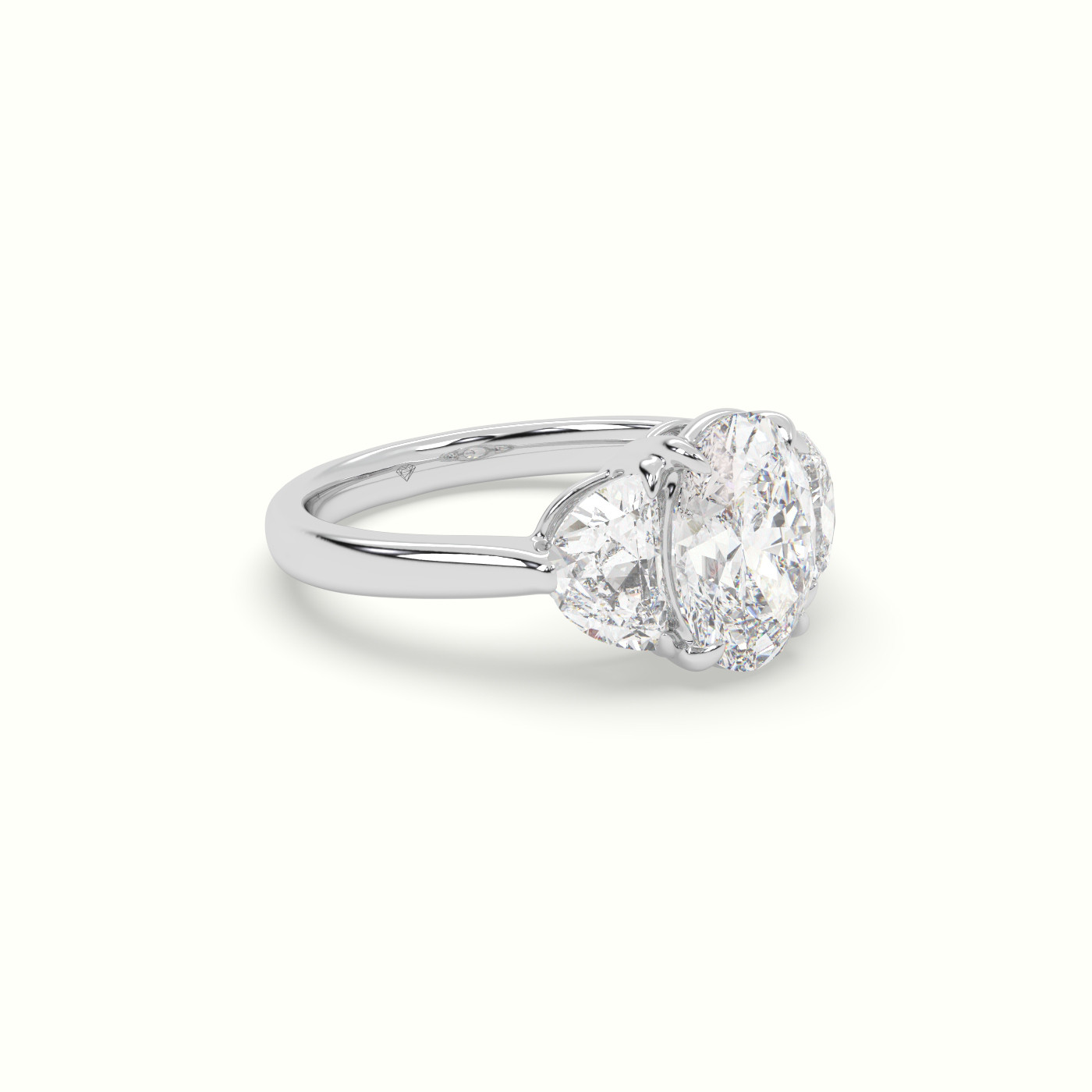 18K White Gold Oval Diamond Trilogy Half Moon Engagement Ring