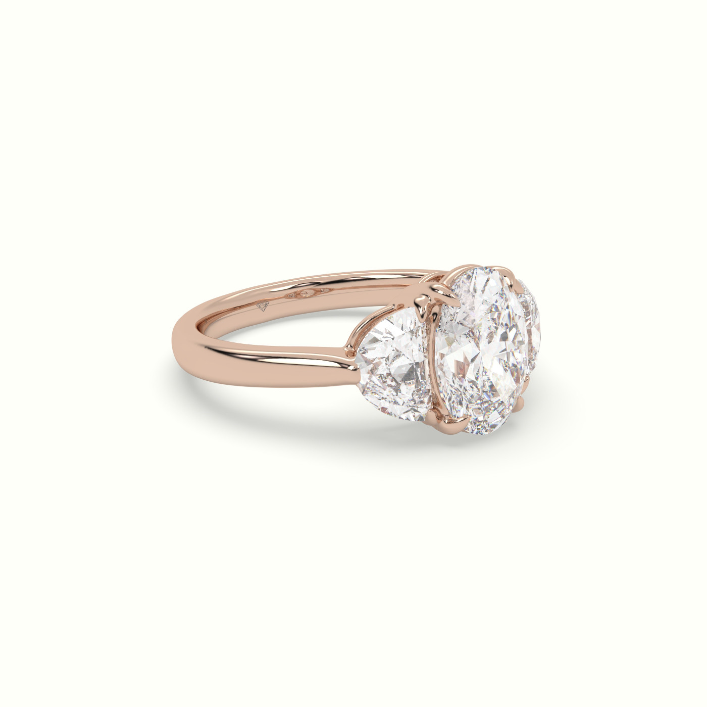 18K Rose Gold Oval Diamond Trilogy Half Moon Engagement Ring