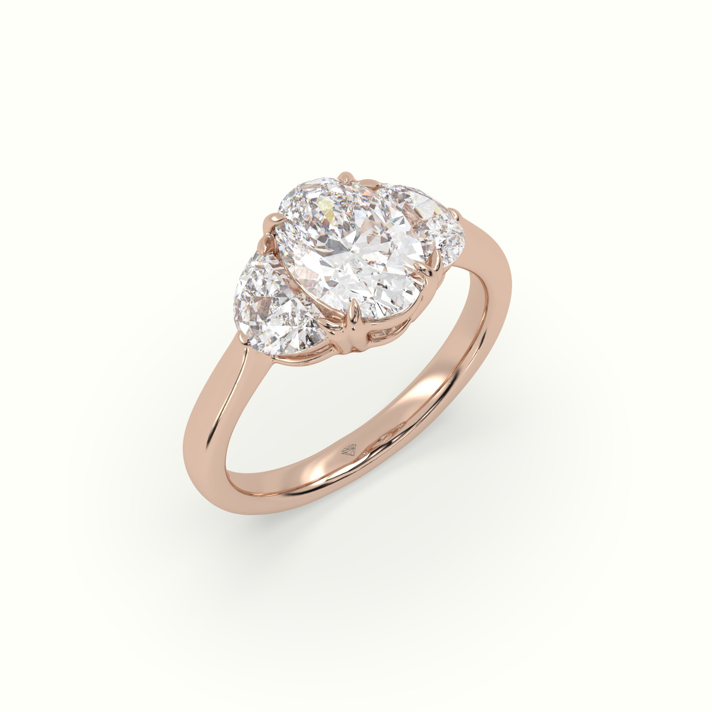 18K Rose Gold Oval Diamond Trilogy Half Moon Engagement Ring