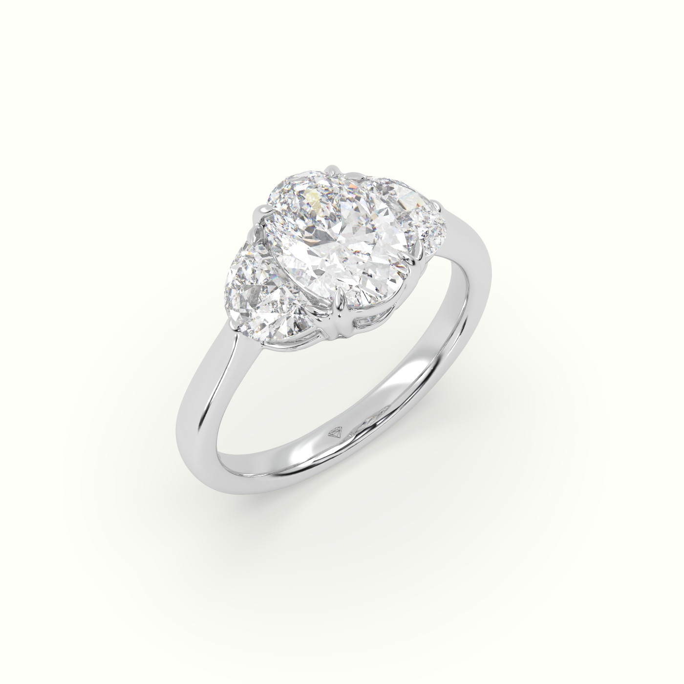 10K White Gold Oval Diamond Trilogy Half Moon Engagement Ring