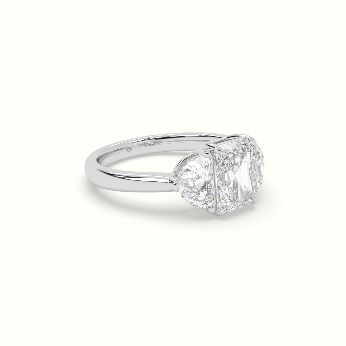 18K White Gold Radiant Diamond Trilogy Half Moon Engagement Ring