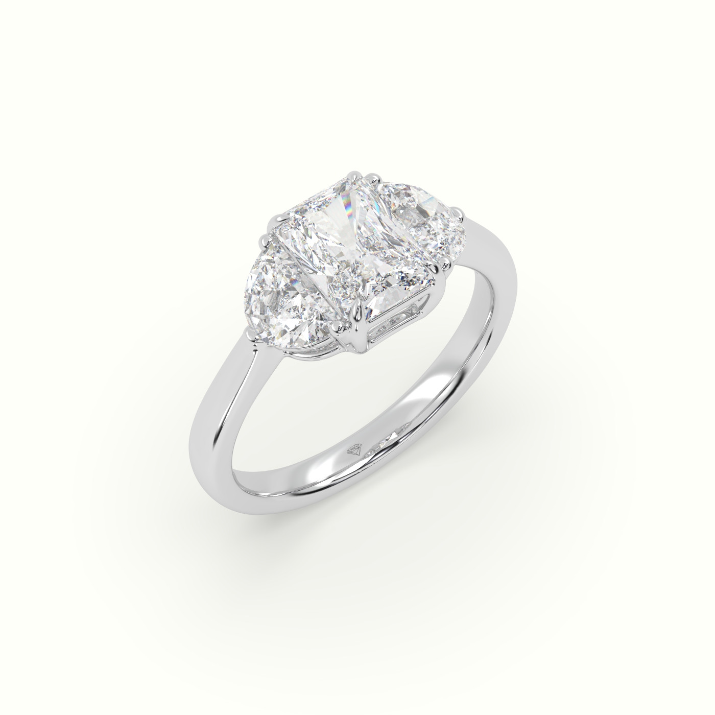 18K White Gold Radiant Diamond Trilogy Half Moon Engagement Ring