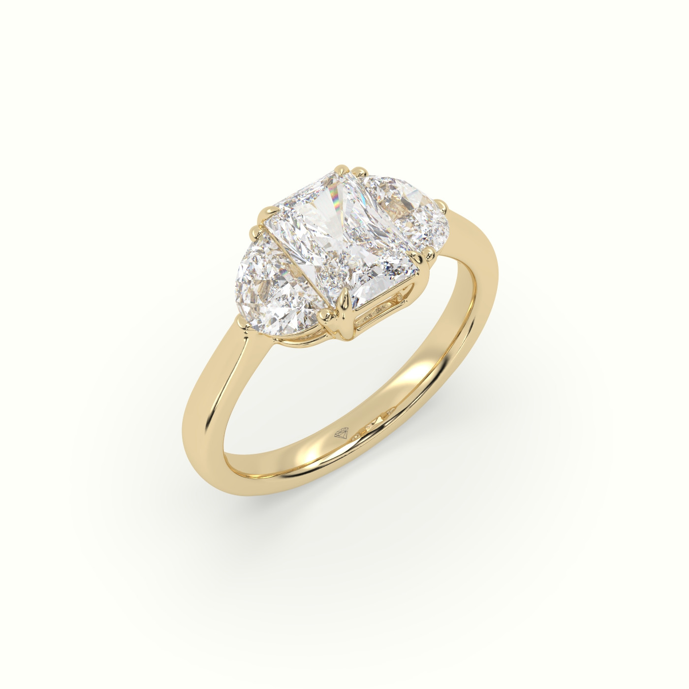 18K Yellow Gold Radiant Diamond Trilogy Half Moon Engagement Ring