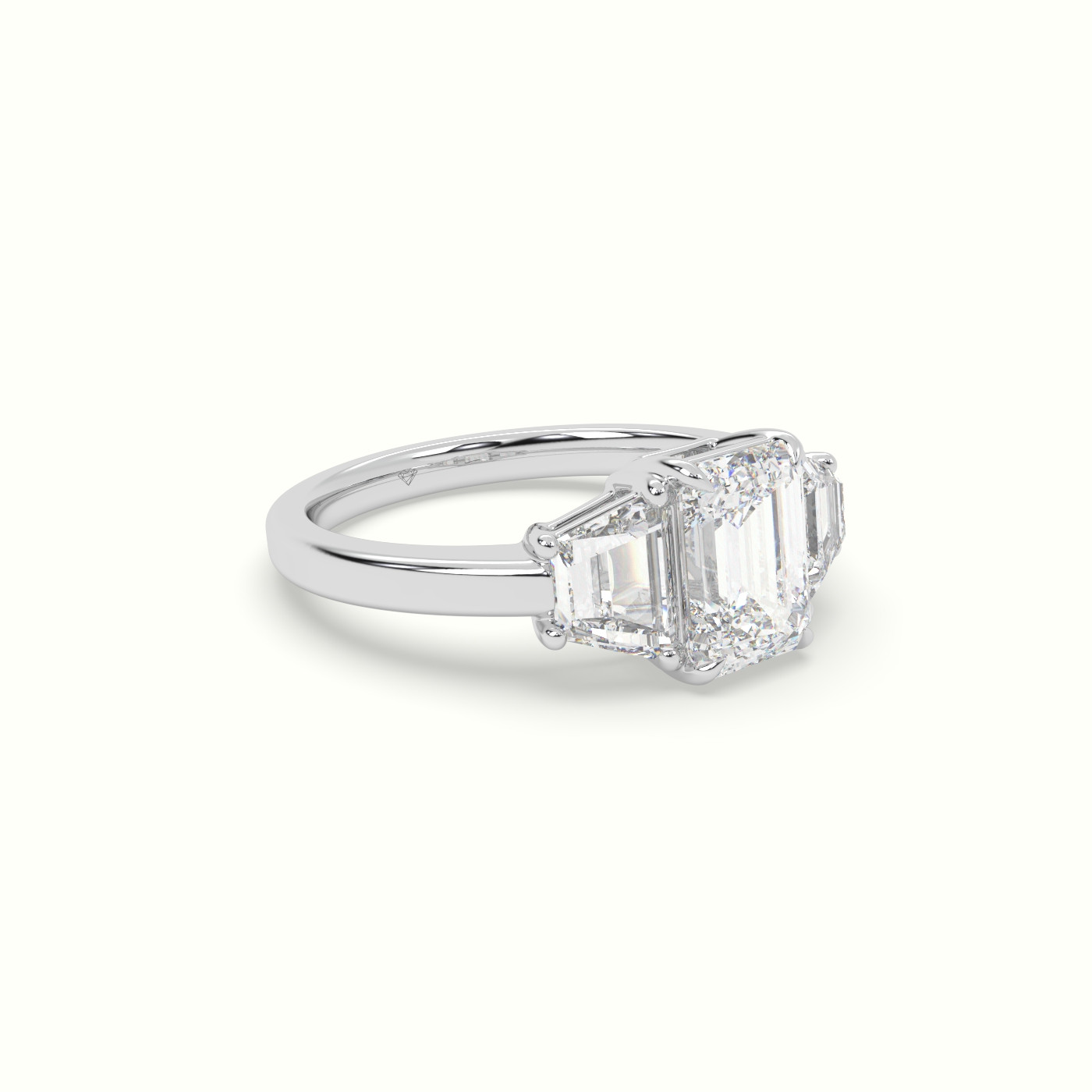 18K White Gold Emerald Diamond Trilogy Trapezium Engagement Ring