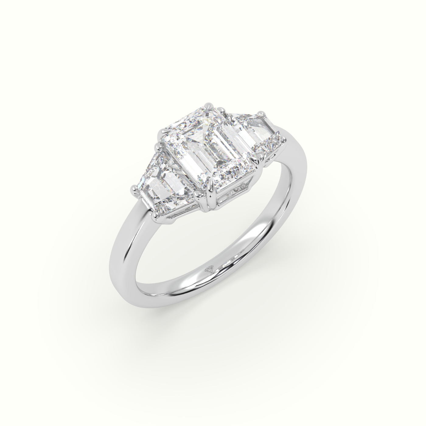 18K White Gold Emerald Diamond Trilogy Trapezium Engagement Ring