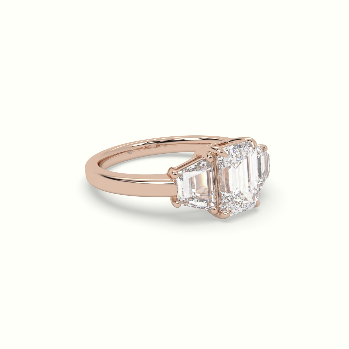 18K Rose Gold Emerald Diamond Trilogy Trapezium Engagement Ring
