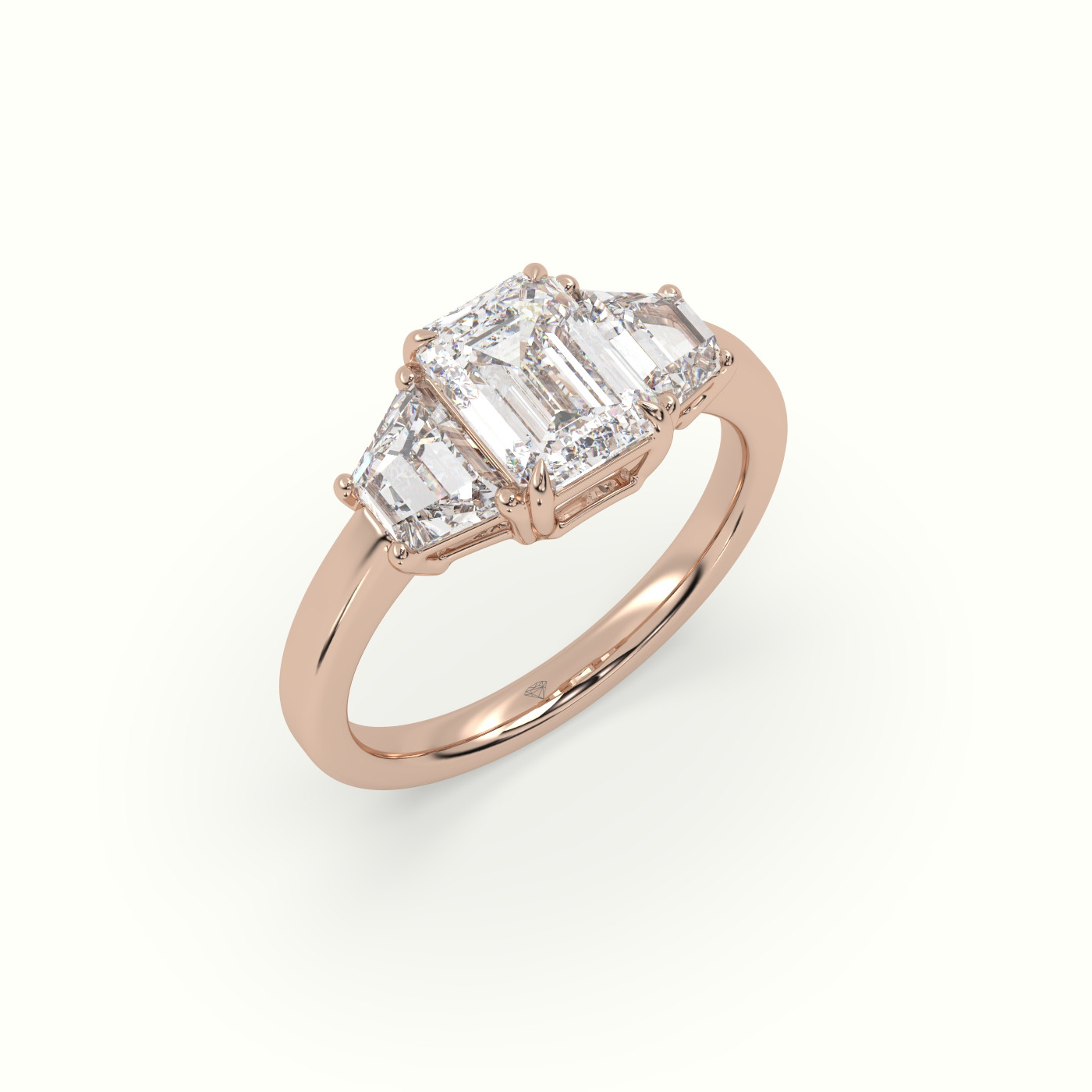 10K Rose Gold Emerald Diamond Trilogy Trapezium Engagement Ring
