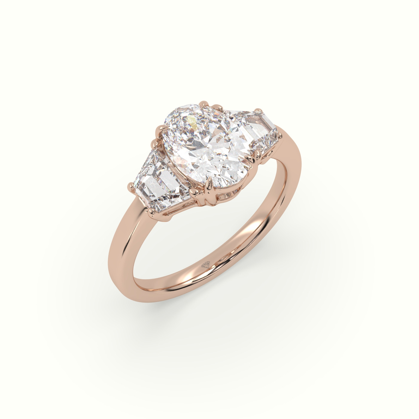 10K Rose Gold Oval Diamond Trilogy Trapezium Engagement Ring