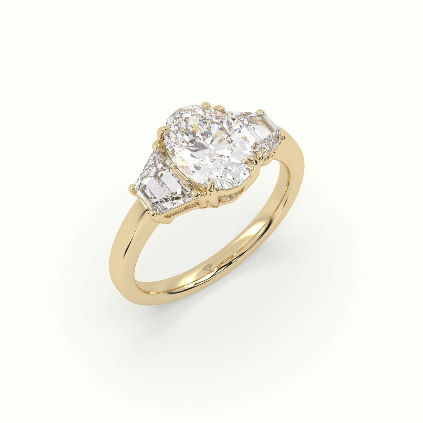 10K Yellow Gold Oval Diamond Trilogy Trapezium Engagement Ring