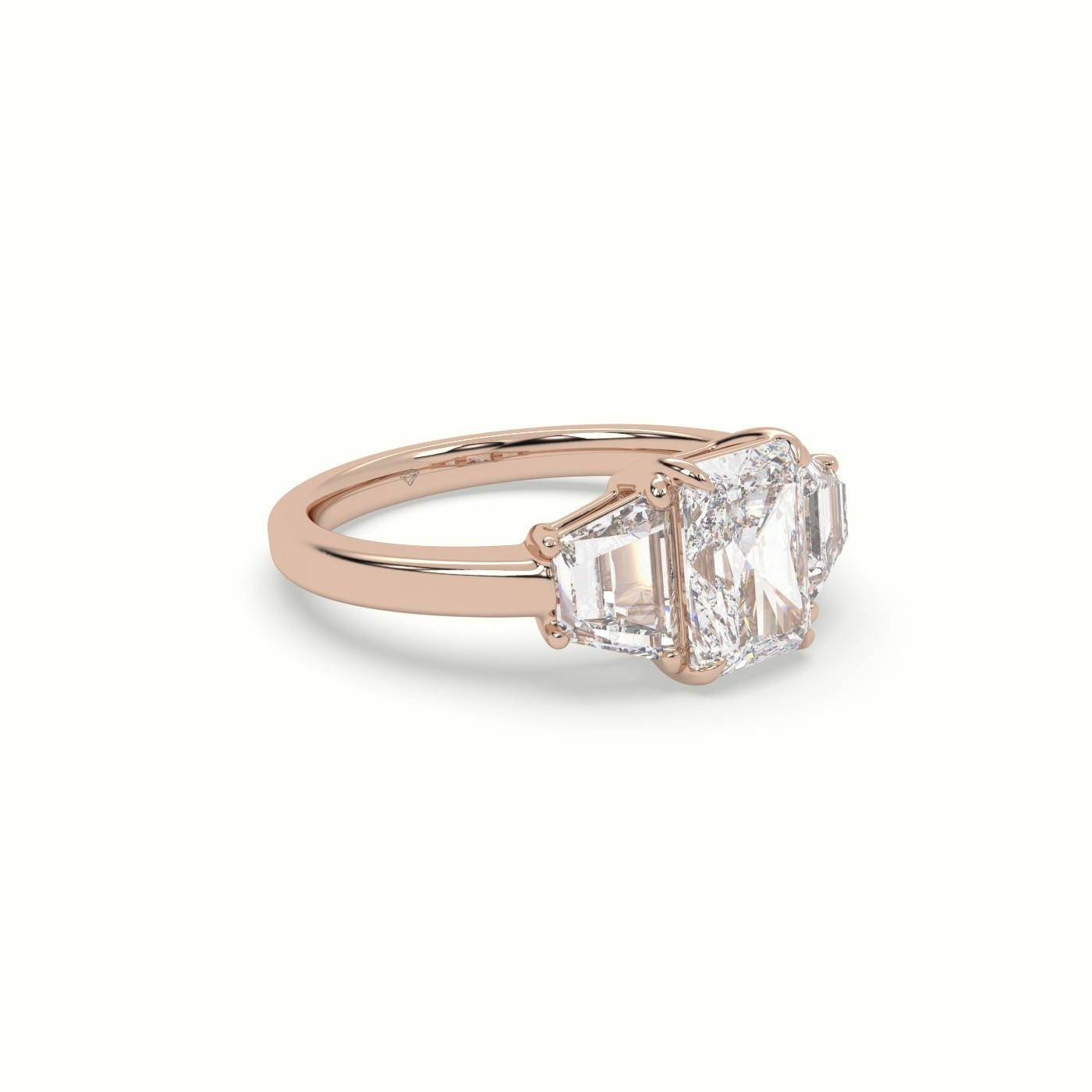 18K Rose Gold Radiant Diamond Trilogy Trapezium Engagement Ring