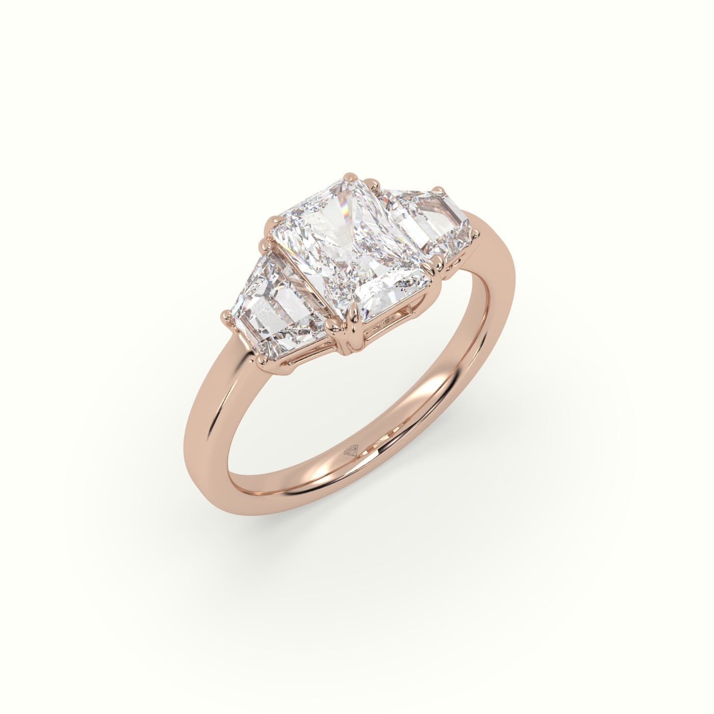 10K Rose Gold Radiant Diamond Trilogy Trapezium Engagement Ring