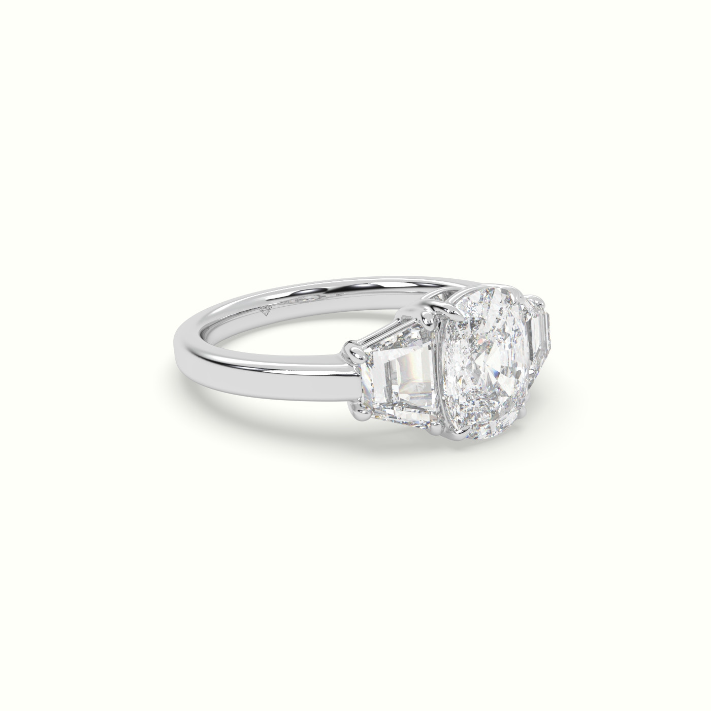 18K White Gold Cushion Diamond Trilogy Trapezium Engagement Ring