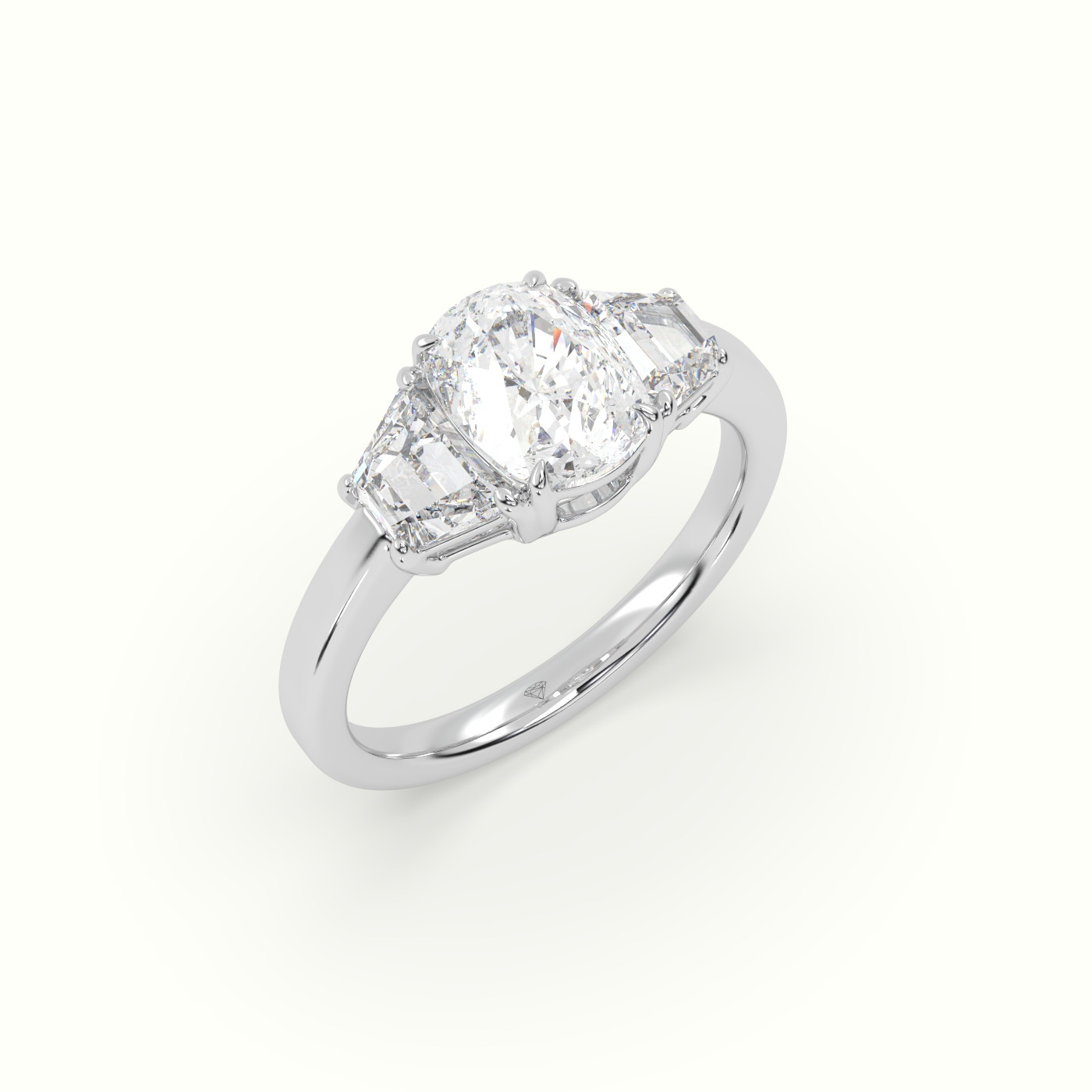 18K White Gold Cushion Diamond Trilogy Trapezium Engagement Ring