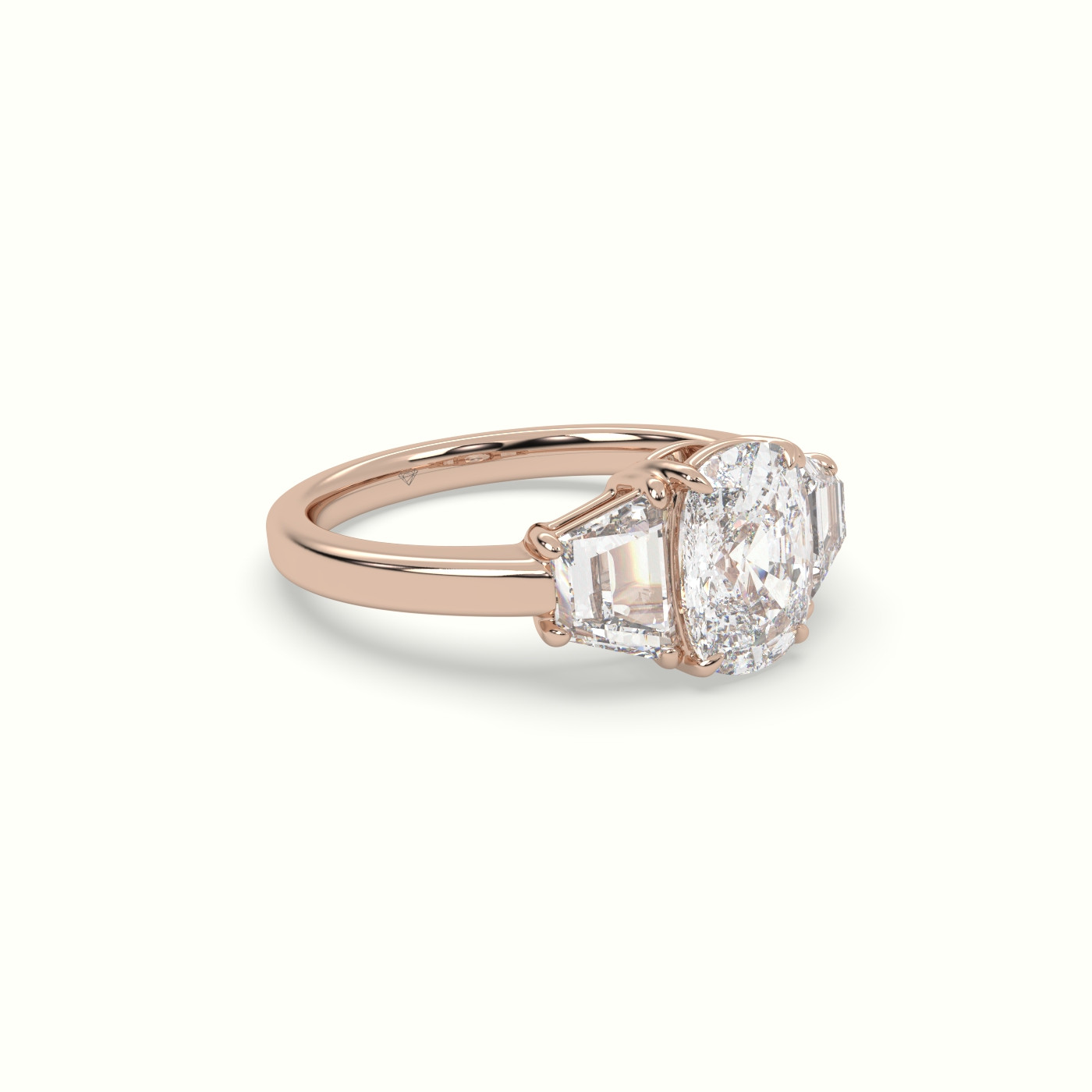 18K Rose Gold Cushion Diamond Trilogy Trapezium Engagement Ring